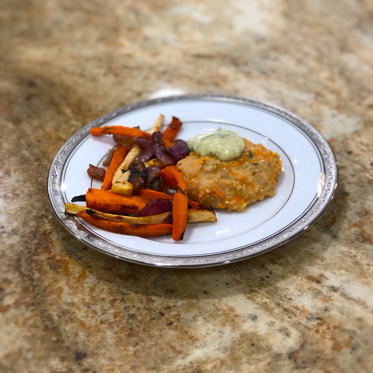 Salmon-Gefilte Fish Patties With Caramelized Carrot & Parsnip Spears